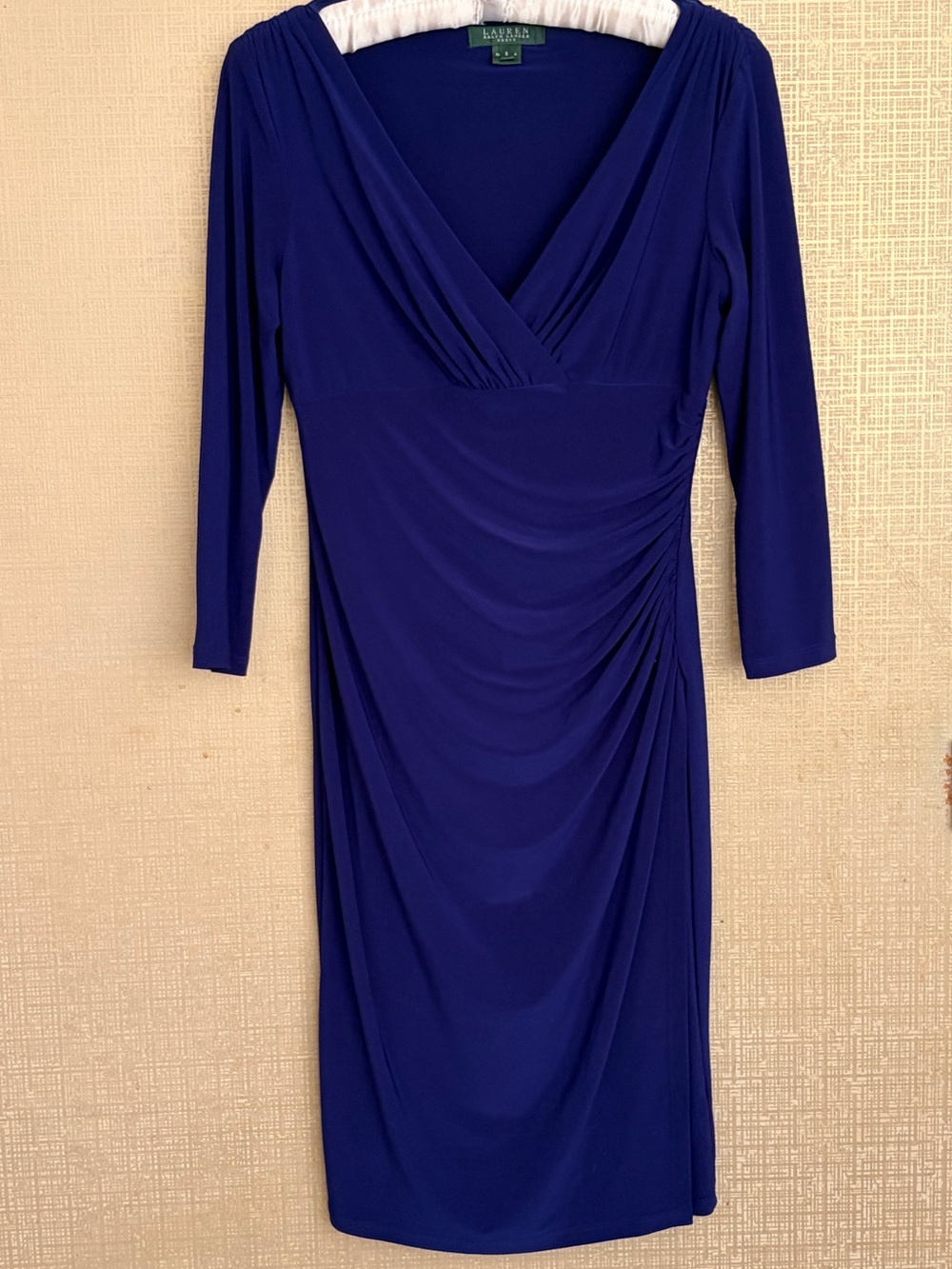 Ralph Lauren Blue-violet Long Sleeve V-Neck Ruched Dress
